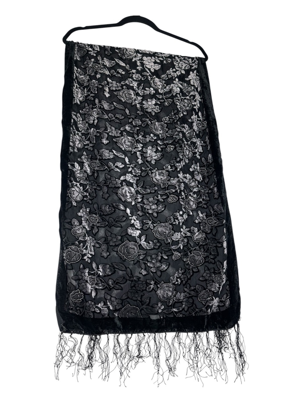 Vintage 90s Black Velvet Floral Burnout Shawl Scarf